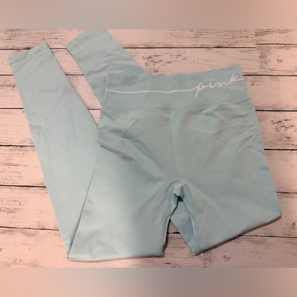 Victorias Secret Leggings Small Blue Seamless High Waist PINK Active Script New
